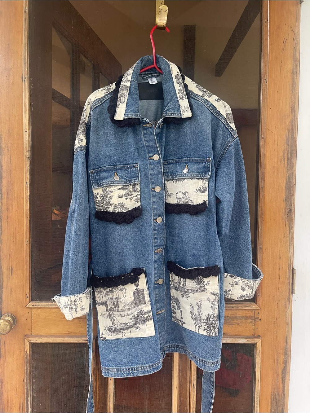 Women's upcycled Blue Denim Jacket with Toile Accents